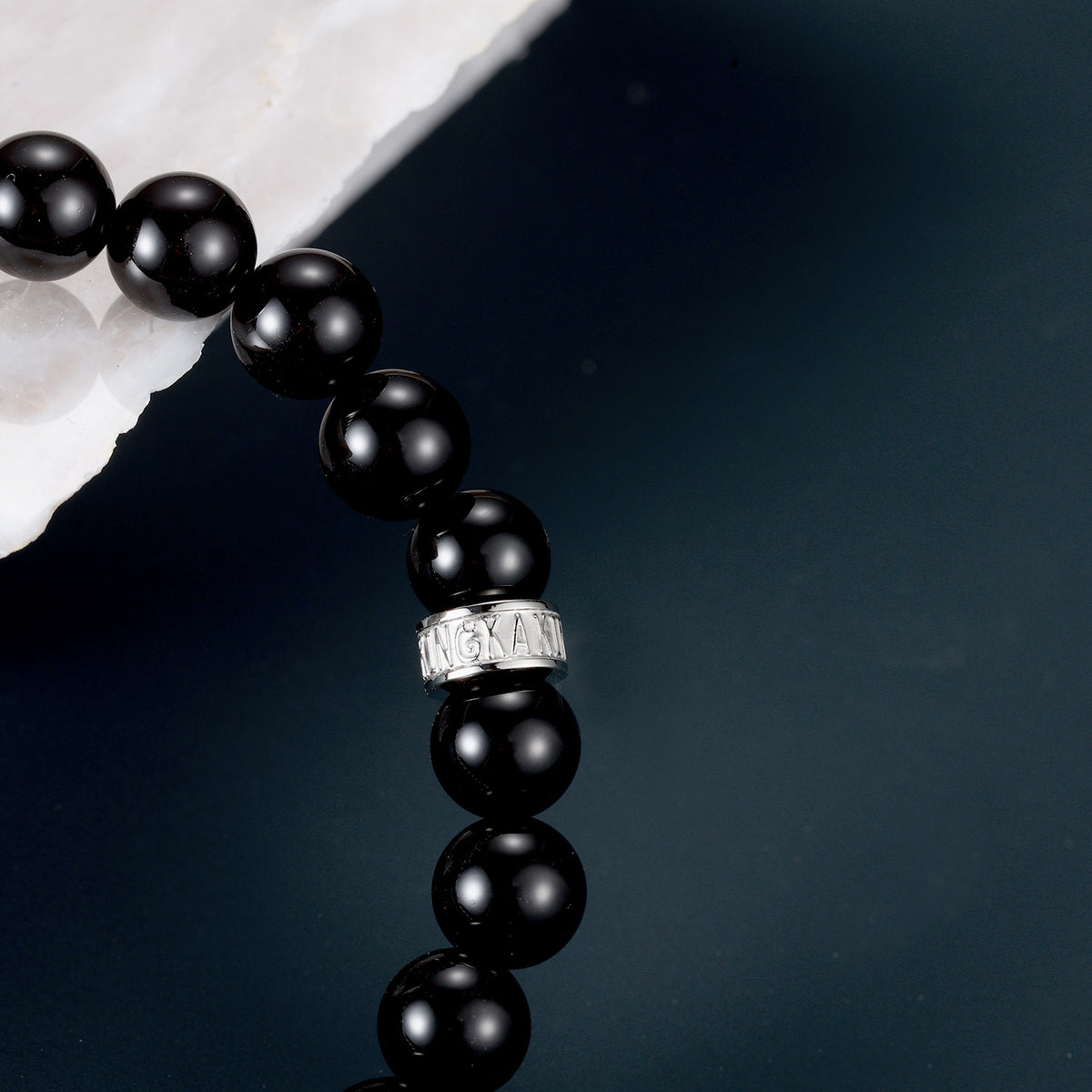 KINGKA Natural Tiger Eye Black Onyx Stone Bracelet with 316 Stainless Steel Earth Bead