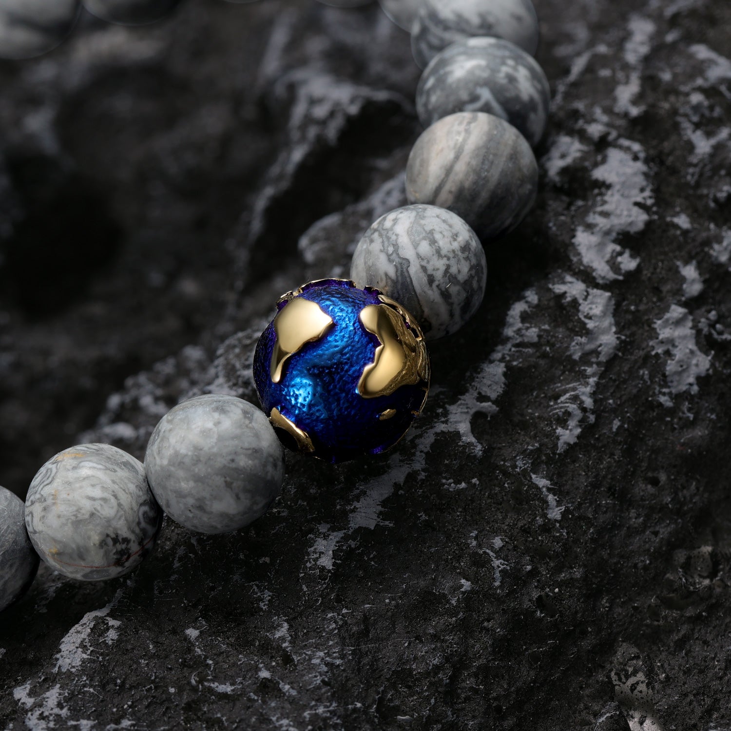 KINGKA Grey Jasper Bead Bracelet, Gold Blue, The Earth - KINGKA Jewelry