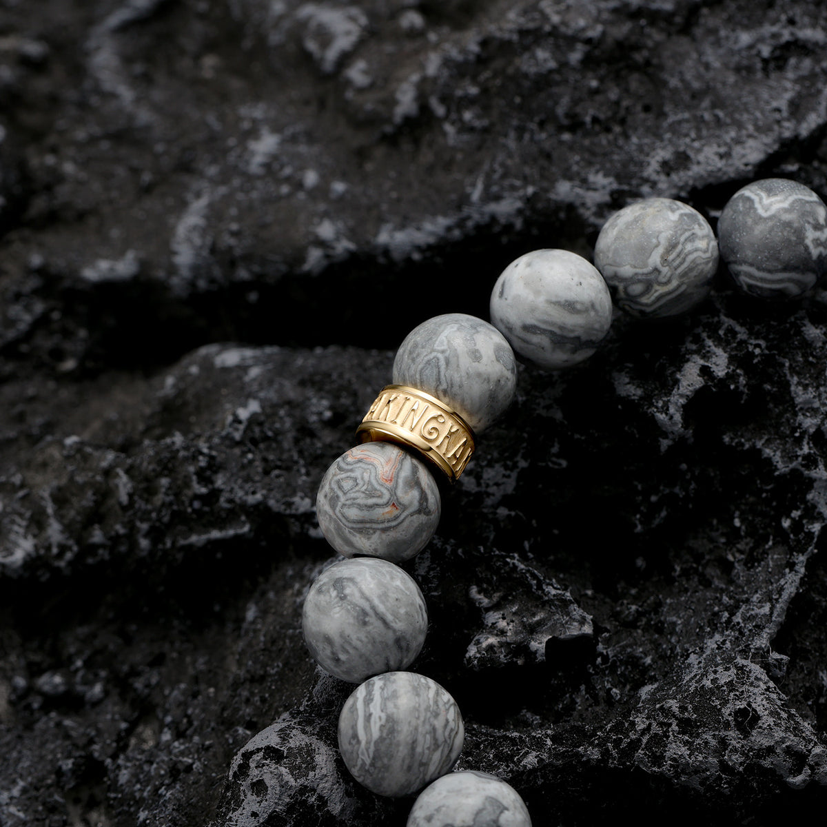 KINGKA Grey Jasper Bead Bracelet, Gold Blue, The Earth - KINGKA Jewelry