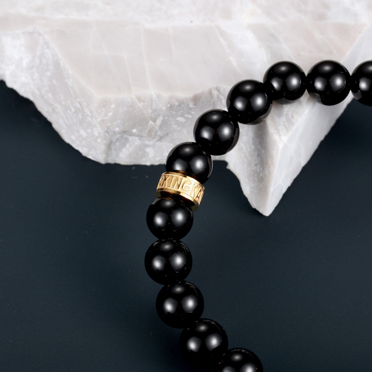 KINGKA Natural Tiger Eye Black Onyx Stone Bracelet with 316 Stainless Steel Earth Accessory