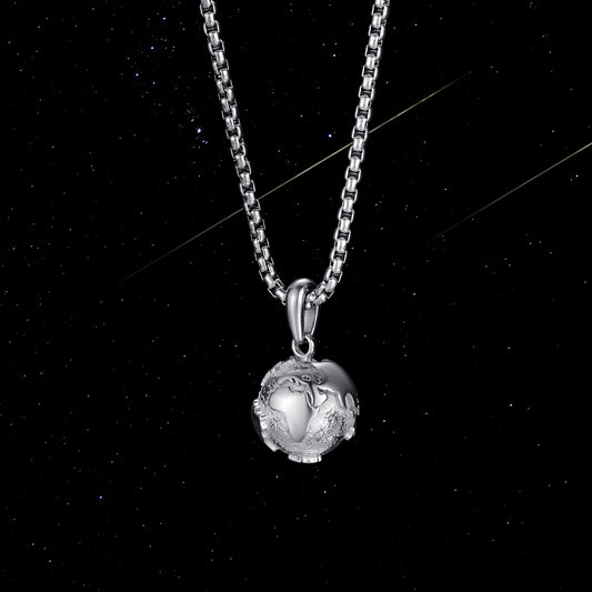 KINGKA Stainless Steel World Map Globe Necklace, Sterling Silver