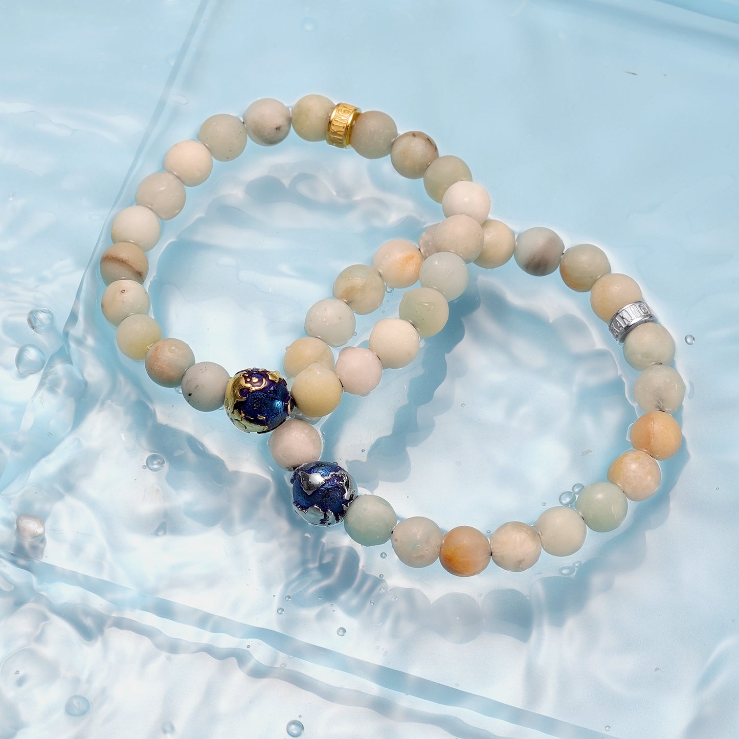 KINGKA Amazonite Stone Bead Bracelet, Blue Silver, The Earth - KINGKA Jewelry