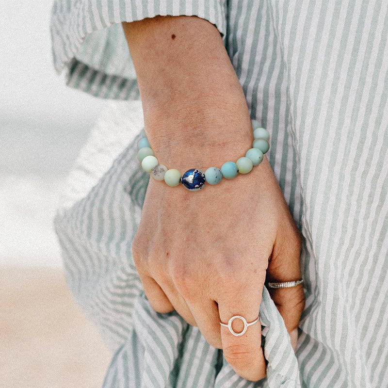 KINGKA Amazonite Stone Silver Blue Globe Earth Beads Bracelet, Love The Earth