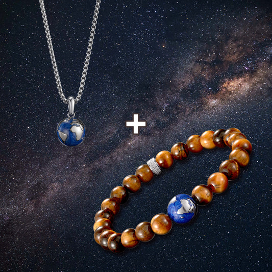 Natural Tiger Eye Bracelet with 316 Stainless Steel Earth Bead & The Earth Necklace