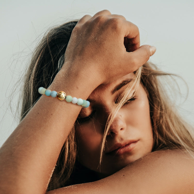 KINGKA Amazonite Stone Gold Plating Globe Earth Beads Bracelet, Love The Earth