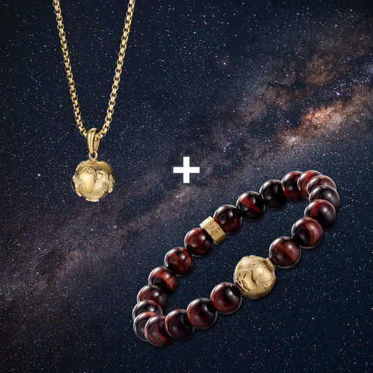 Natural Red Tiger Eye Bracelet with 316 Stainless Steel Earth Bead & The Earth Necklace