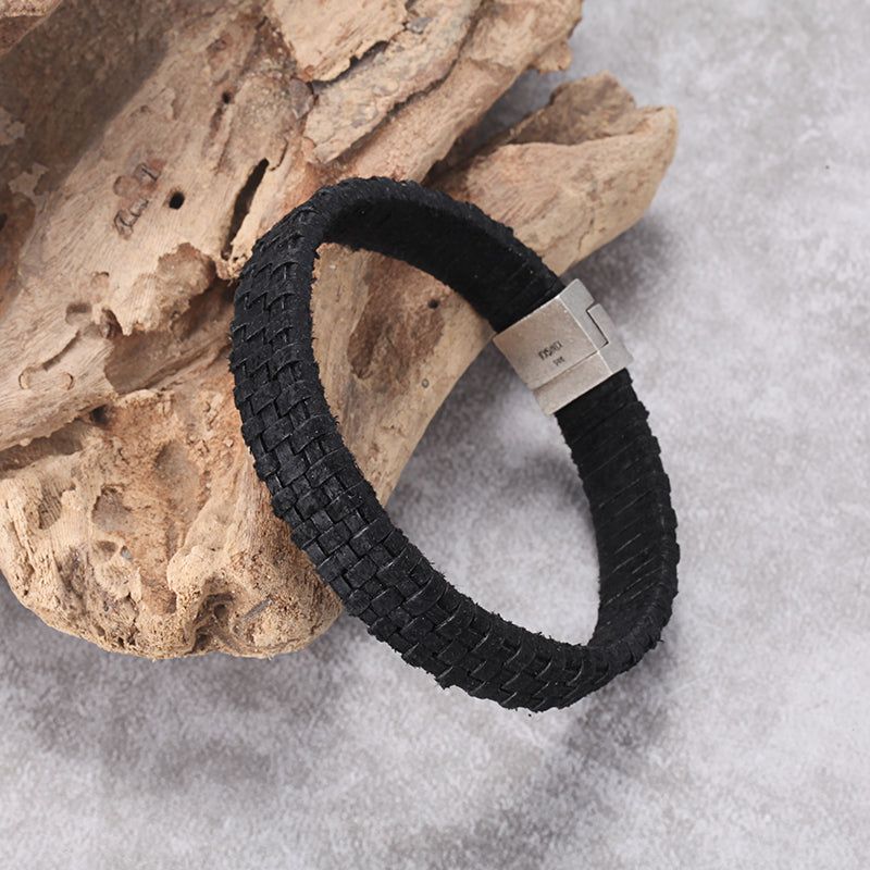 Men's Leather Bracelet with Woven Snap - KINGKA Jewelry