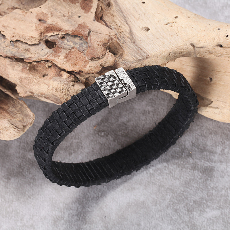 Men's Leather Bracelet with Woven Snap - KINGKA Jewelry