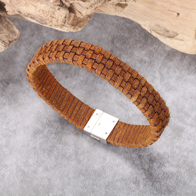 Men's Leather Bracelet with Woven Snap - KINGKA Jewelry