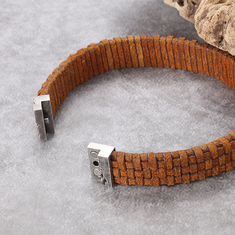 Men's Leather Bracelet with Woven Snap - KINGKA Jewelry