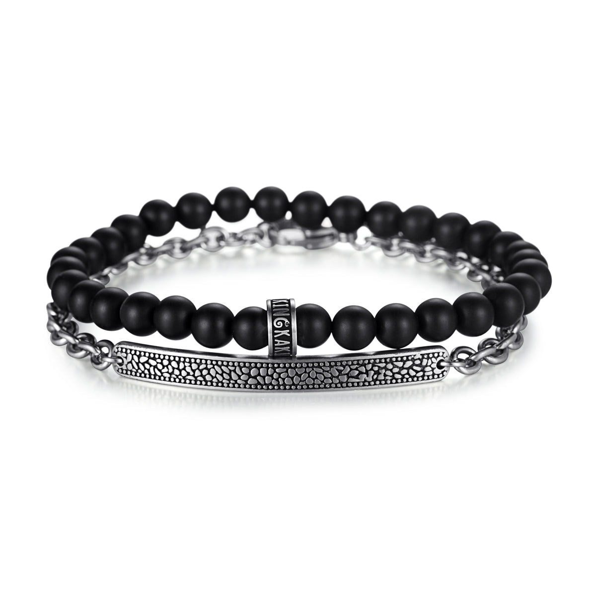Men's Stacking Bracelet with Onyx, Reptile Engraved Chain - KINGKA Jewelry