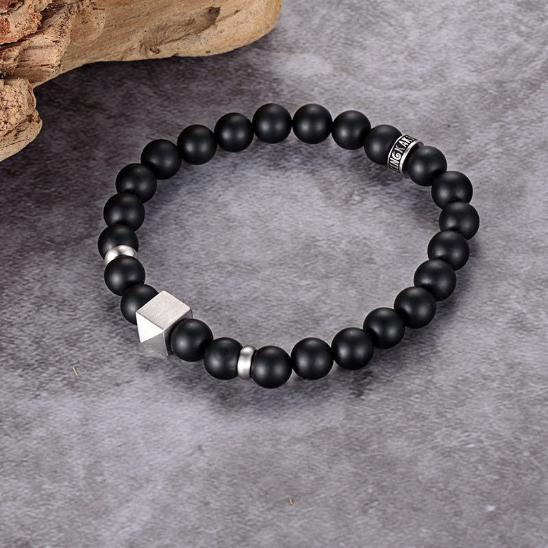 Men's Wristband with Onyx, Pyramid Cube - KINGKA Jewelry