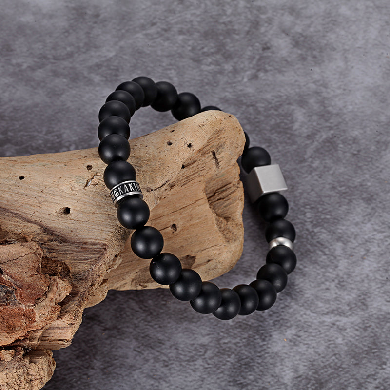 Men's Wristband with Onyx, Pyramid Cube - KINGKA Jewelry