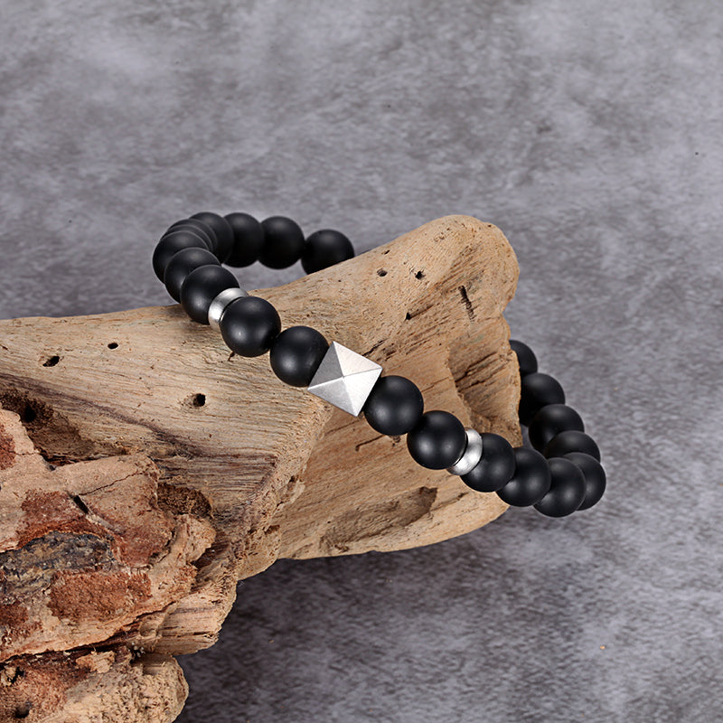 Men's Wristband with Onyx, Pyramid Cube - KINGKA Jewelry