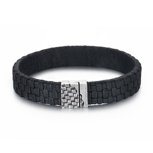 Men's Leather Bracelet with Woven Snap - KINGKA Jewelry