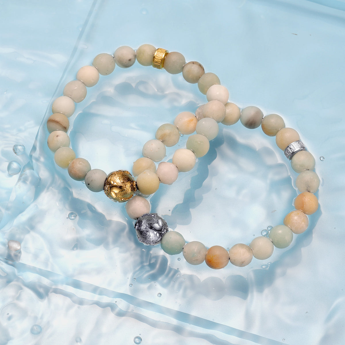 KINGKA Amazonite Stone Gold Plating Globe Earth Beads Bracelet, Love The Earth