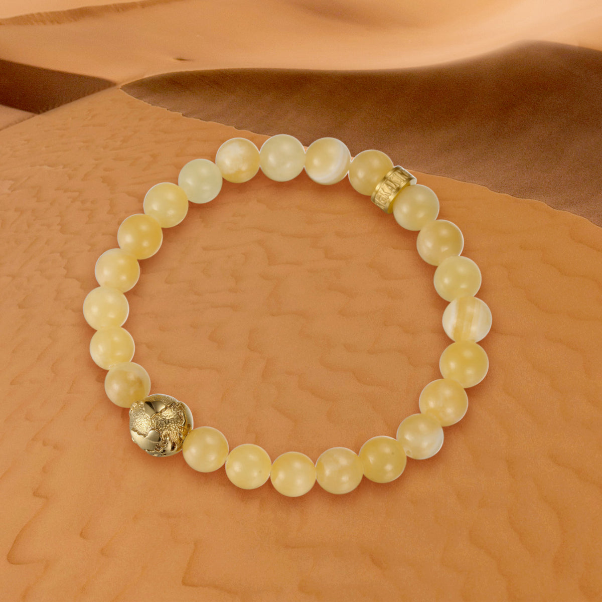 KINGKA Plating Gold Globe Earth Beige Jade Beaded Bracelet