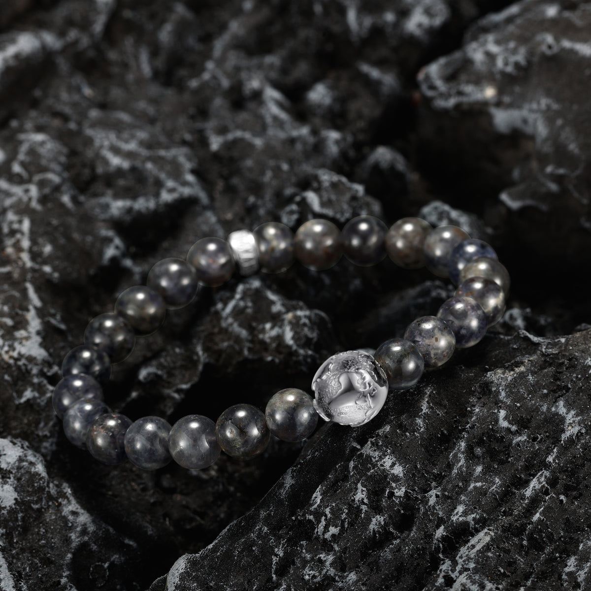 KINGKA Natural Cordierite Stone Bead Bracelet with 316 Stainless Steel Earth Accessory