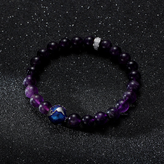 KINGKA Amethyst Natural Stone Beads Bracelet with 316 Stainless Steel Earth Accessory