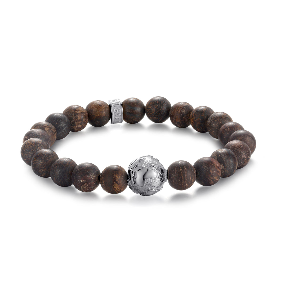 KINGKA Bronzite Stone Beaded Bracelet with 316 Stainless Steel Globe Map Accessory